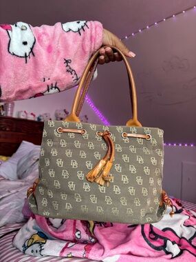 Dooney & Bourke Olive DB Logo Canvas Tote with Tan Leather Handles